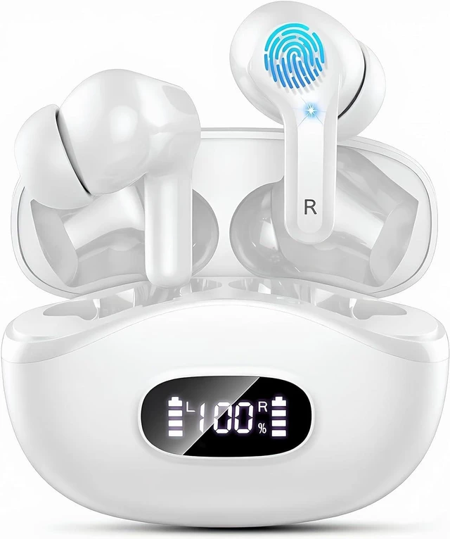 Main image of Wireless Earbuds, 2026 Bluetooth 5.4 Headphones NEW Ear Buds 40H Bass Stereo in-Ear Earphones ENC Noise Cancelling Earbuds with 4 HD Mic, USB-C LED Display IP7 Waterproof Sport Headset, Pure White