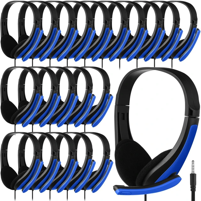 Main image of 20 Pack Bulk Classroom Headphones with Mic Students, Dark Blue Wired with Microphone, School Library Computer Use, 3.5 mm Universal Plug, Laptops Computer Use, for Adults, Classroom Supply