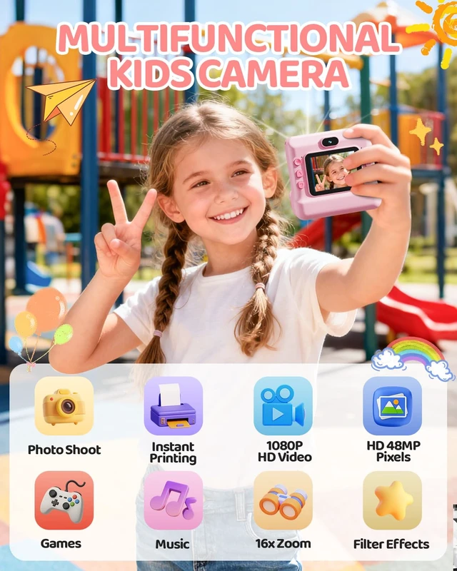 Alt view image 2 of 7 - Kids Instant Print Camera, 1080P HD Dual Lens with 32GB Card 2.4" Screen Kids Camera with 3 Paper Rolls, 16X Zoom, Christmas Birthday Gifts for Girls and Boys Age 3-12