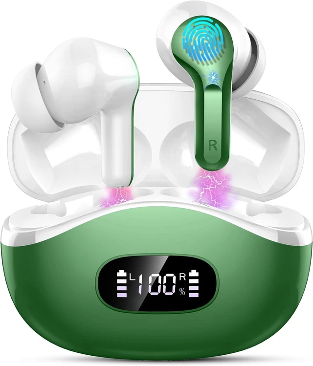 Main image of Wireless Earbuds, 2026 Bluetooth 5.4 Headphones NEW Ear Buds 40H Bass Stereo in-Ear Earphones ENC Noise Cancelling Earbuds with 4 HD Mic, USB-C LED Display IP7 Waterproof Sport Headset, Deep Green