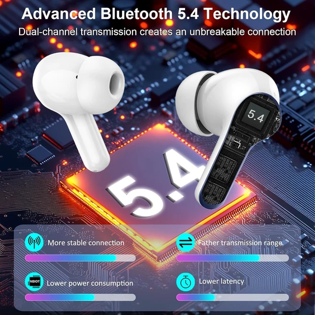 Alt view image 3 of 7 - Wireless Earbuds, 2026 Bluetooth 5.4 Headphones NEW Ear Buds 40H Bass Stereo in-Ear Earphones ENC Noise Cancelling Earbuds with 4 HD Mic, USB-C LED Display IP7 Waterproof Sport Headset, Pure White