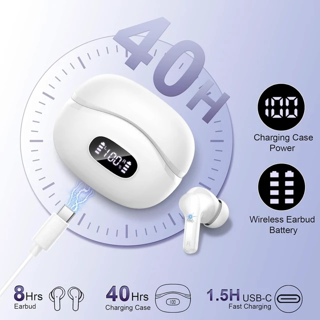 Alt view image 4 of 7 - Wireless Earbuds, 2026 Bluetooth 5.4 Headphones NEW Ear Buds 40H Bass Stereo in-Ear Earphones ENC Noise Cancelling Earbuds with 4 HD Mic, USB-C LED Display IP7 Waterproof Sport Headset, Pure White
