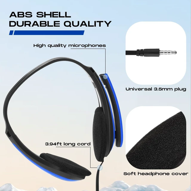 Alt view image 3 of 7 - 20 Pack Bulk Classroom Headphones with Mic Students, Dark Blue Wired with Microphone, School Library Computer Use, 3.5 mm Universal Plug, Laptops Computer Use, for Adults, Classroom Supply