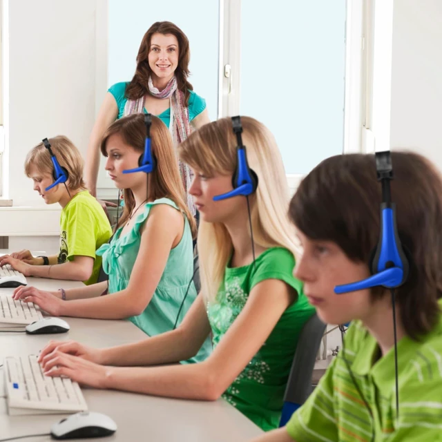 Alt view image 5 of 7 - 20 Pack Bulk Classroom Headphones with Mic Students, Dark Blue Wired with Microphone, School Library Computer Use, 3.5 mm Universal Plug, Laptops Computer Use, for Adults, Classroom Supply