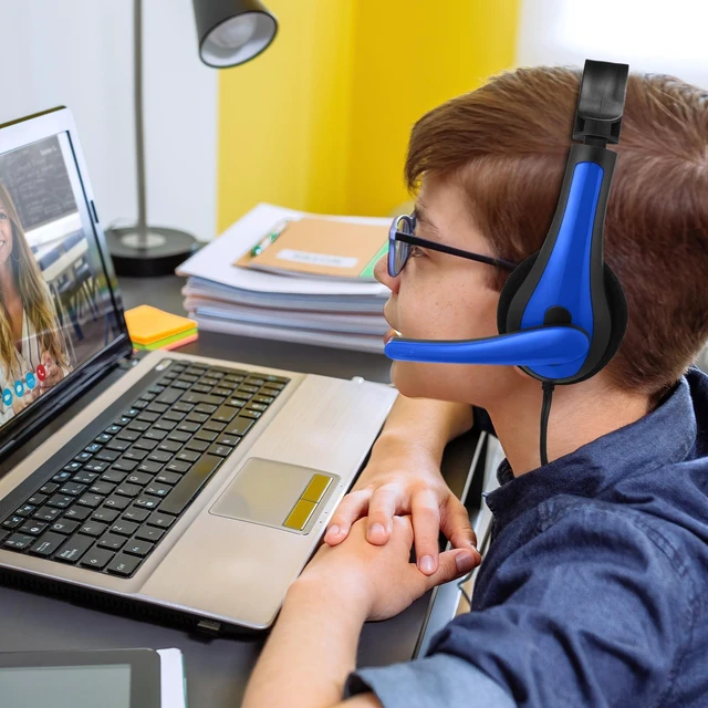 Alt view image 6 of 7 - 20 Pack Bulk Classroom Headphones with Mic Students, Dark Blue Wired with Microphone, School Library Computer Use, 3.5 mm Universal Plug, Laptops Computer Use, for Adults, Classroom Supply