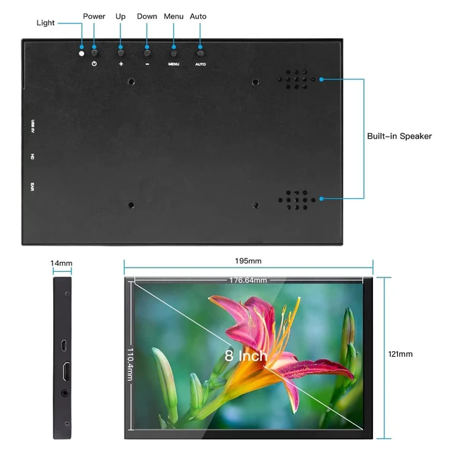Alt view image 2 of 7 - 8 Inch Portable Monitor, 1280x800 Mini HD Display with Built-in Speakers, USB Powered, Non-Touch LCD Screen for Raspberry Pi, PC, Laptop, Jetson Nano, Game Consoles