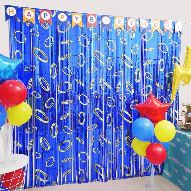 Main image of Cartoon Hedgehog Birthday Party Decoration, 4 Pack Hedgehog Party Backdrop Photo Booth Prop, Blue with Gold Ring Print Fringe Curtains Tinsel Photo Streamers for Hedgehog Theme Party Decor Supplies