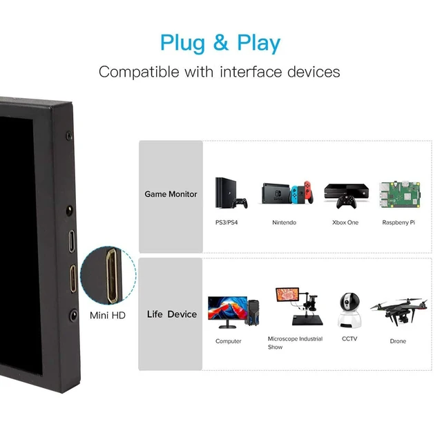 Alt view image 4 of 7 - 8 Inch Portable Monitor, 1280x800 Mini HD Display with Built-in Speakers, USB Powered, Non-Touch LCD Screen for Raspberry Pi, PC, Laptop, Jetson Nano, Game Consoles