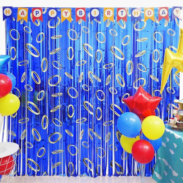 Alt view image 2 of 7 - Cartoon Hedgehog Birthday Party Decoration, 4 Pack Hedgehog Party Backdrop Photo Booth Prop, Blue with Gold Ring Print Fringe Curtains Tinsel Photo Streamers for Hedgehog Theme Party Decor Supplies