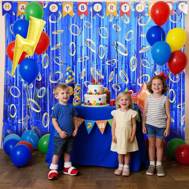 Alt view image 4 of 7 - Cartoon Hedgehog Birthday Party Decoration, 4 Pack Hedgehog Party Backdrop Photo Booth Prop, Blue with Gold Ring Print Fringe Curtains Tinsel Photo Streamers for Hedgehog Theme Party Decor Supplies