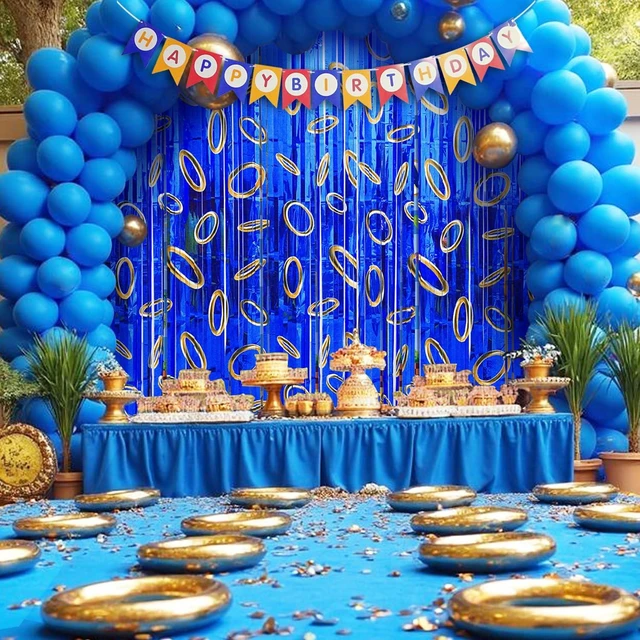 Alt view image 3 of 7 - Cartoon Hedgehog Birthday Party Decoration, 4 Pack Hedgehog Party Backdrop Photo Booth Prop, Blue with Gold Ring Print Fringe Curtains Tinsel Photo Streamers for Hedgehog Theme Party Decor Supplies
