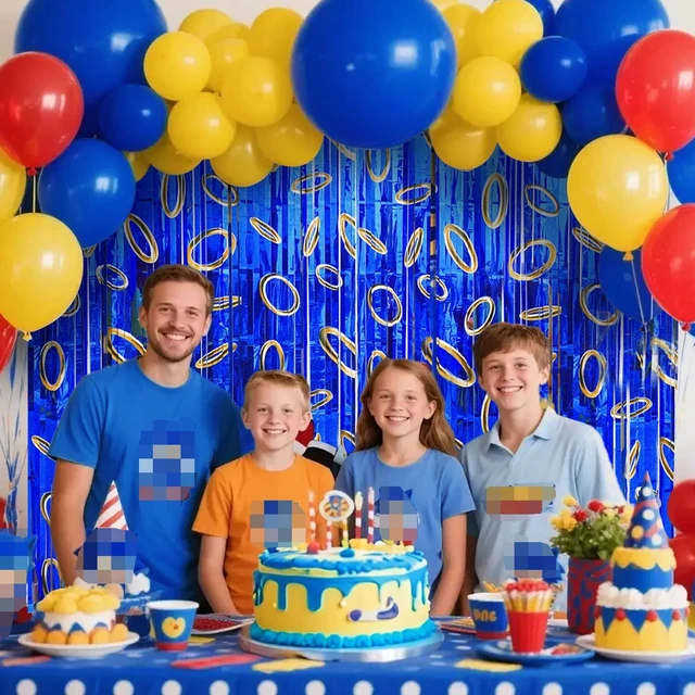 Alt view image 5 of 7 - Cartoon Hedgehog Birthday Party Decoration, 4 Pack Hedgehog Party Backdrop Photo Booth Prop, Blue with Gold Ring Print Fringe Curtains Tinsel Photo Streamers for Hedgehog Theme Party Decor Supplies