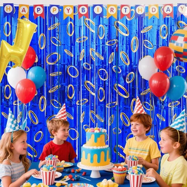 Alt view image 6 of 7 - Cartoon Hedgehog Birthday Party Decoration, 4 Pack Hedgehog Party Backdrop Photo Booth Prop, Blue with Gold Ring Print Fringe Curtains Tinsel Photo Streamers for Hedgehog Theme Party Decor Supplies