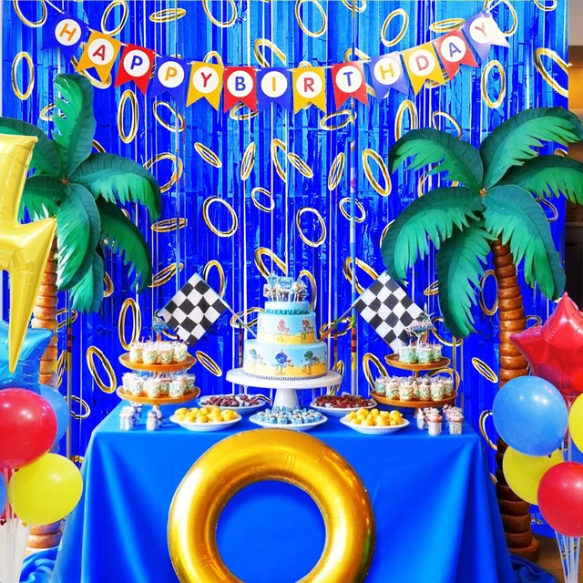 Alt view image 7 of 7 - Cartoon Hedgehog Birthday Party Decoration, 4 Pack Hedgehog Party Backdrop Photo Booth Prop, Blue with Gold Ring Print Fringe Curtains Tinsel Photo Streamers for Hedgehog Theme Party Decor Supplies