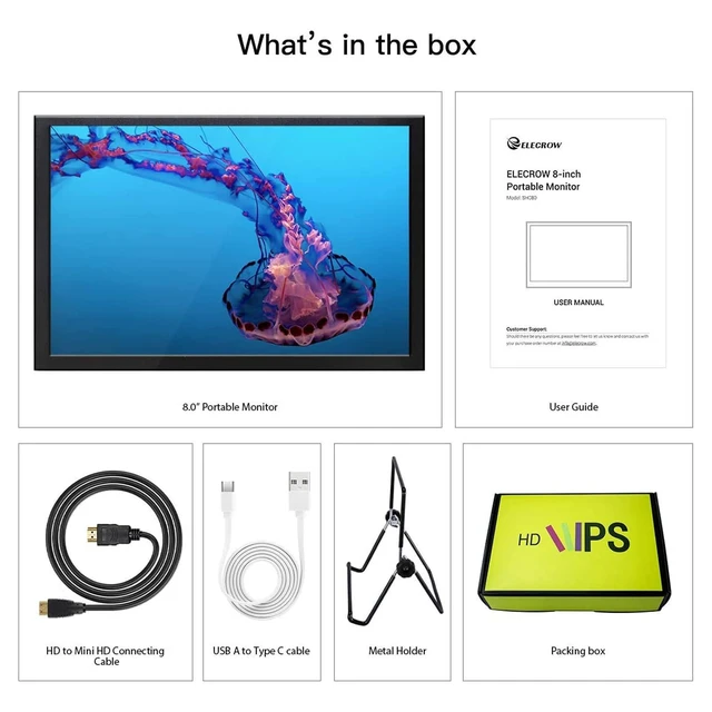 Alt view image 7 of 7 - 8 Inch Portable Monitor, 1280x800 Mini HD Display with Built-in Speakers, USB Powered, Non-Touch LCD Screen for Raspberry Pi, PC, Laptop, Jetson Nano, Game Consoles