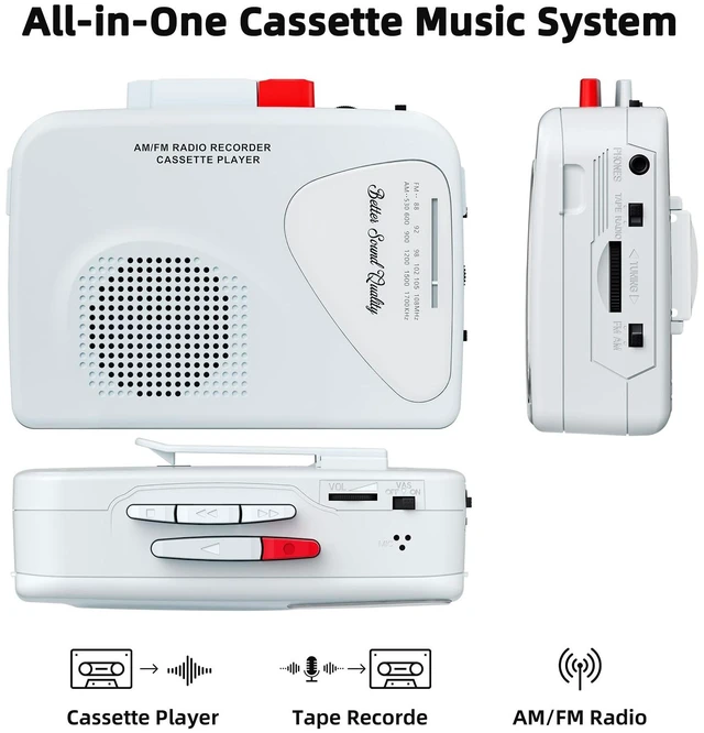 Alt view image 2 of 6 - Cassette Player Tape Recorders AM/FM Radio, Portable Tape Player Records Built in Speakers Manual Record - 2AA Battery Or DC 5V Supply with 3.5MM Earphone- ICY White