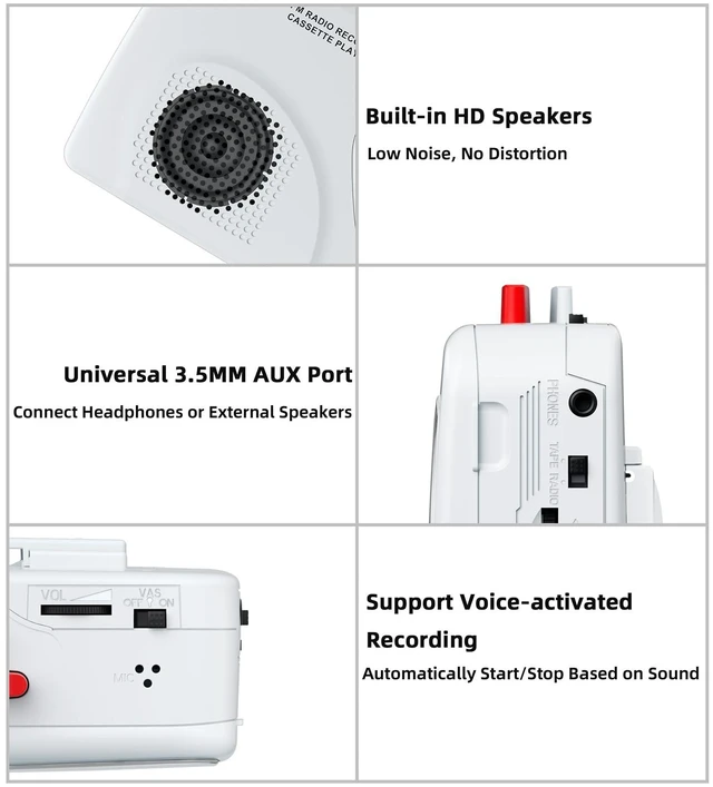 Alt view image 4 of 6 - Cassette Player Tape Recorders AM/FM Radio, Portable Tape Player Records Built in Speakers Manual Record - 2AA Battery Or DC 5V Supply with 3.5MM Earphone- ICY White