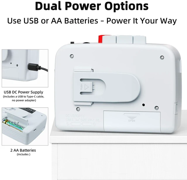 Alt view image 5 of 6 - Cassette Player Tape Recorders AM/FM Radio, Portable Tape Player Records Built in Speakers Manual Record - 2AA Battery Or DC 5V Supply with 3.5MM Earphone- ICY White