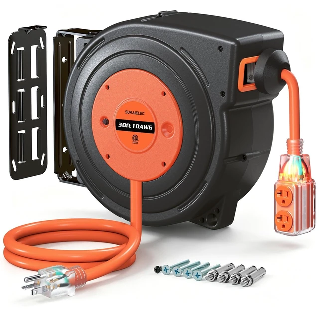 Main image of 20AMP Retractable Extension Cord Reel, 30FT, 10 Gauge, ETL Listed 4 Lighted Outlets, 10 AWG SJTOW Heavy Duty Power Cord, 2500W, Auto Rewind, Wall/Ceiling Mount for Garage Workshop