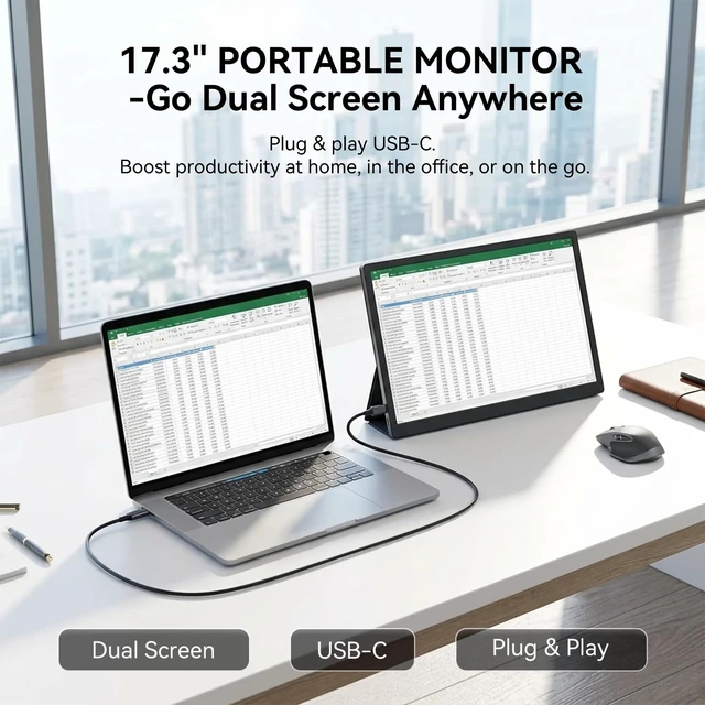 Alt view image 2 of 7 - 17.3 Inch Portable Monitor, USB-C HDMI Large Screen Cumputer Extender Widescreen Display with Kickstand, Ultra-Slim External Second Screen for Laptop, PC, Phone