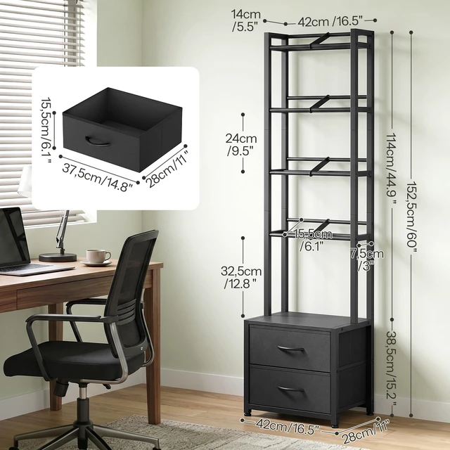 Alt view image 5 of 7 - CD Storage Rack with Drawer, 5-Tier DVD Organizer Shelf Media Storage Rack with Adjustable Book Stoppers for CDs, DVDs, Books and Games, for Living Room, Bedroom, Home Office