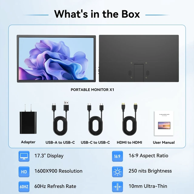 Alt view image 7 of 7 - 17.3 Inch Portable Monitor, USB-C HDMI Large Screen Cumputer Extender Widescreen Display with Kickstand, Ultra-Slim External Second Screen for Laptop, PC, Phone