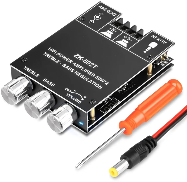 Main image of ZK-502T Bluetooth Amplifier Board,50W+50W 2.0 Channel Amp Board with Treble and Bass Control,DC 12-24V, Bluetooth and AUX Inputs, Audio Amp Board for Home DIY Wireless Speakers, Password Free