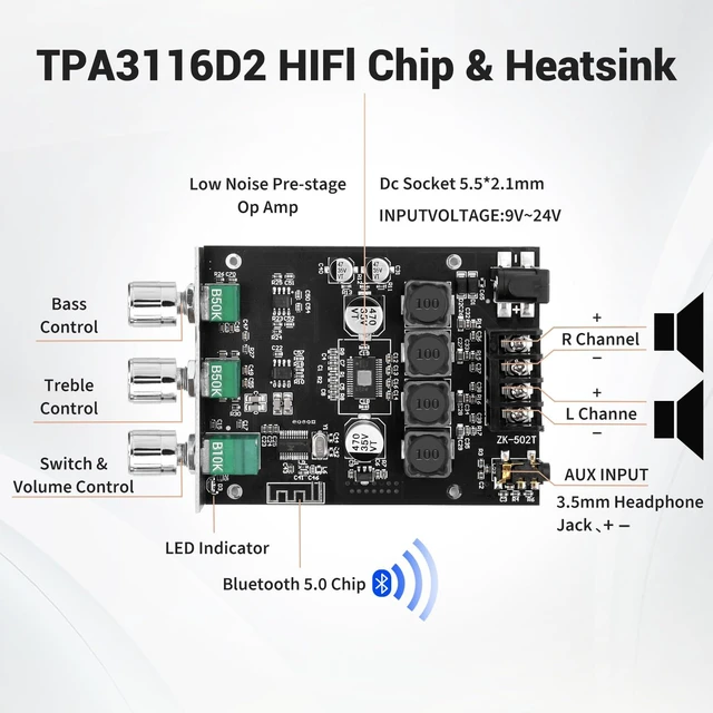 Alt view image 2 of 7 - ZK-502T Bluetooth Amplifier Board,50W+50W 2.0 Channel Amp Board with Treble and Bass Control,DC 12-24V, Bluetooth and AUX Inputs, Audio Amp Board for Home DIY Wireless Speakers, Password Free