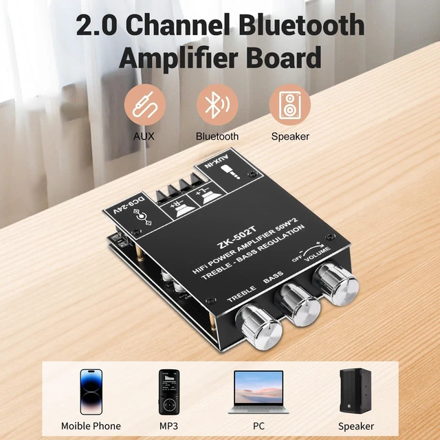 Alt view image 3 of 7 - ZK-502T Bluetooth Amplifier Board,50W+50W 2.0 Channel Amp Board with Treble and Bass Control,DC 12-24V, Bluetooth and AUX Inputs, Audio Amp Board for Home DIY Wireless Speakers, Password Free