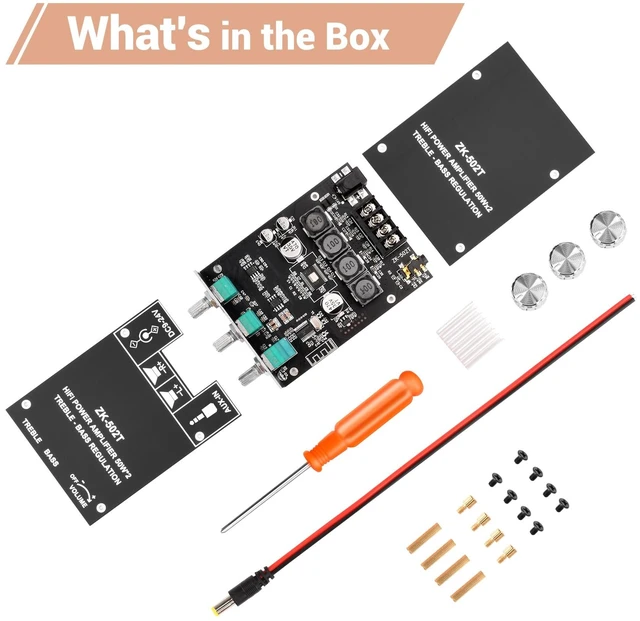 Alt view image 7 of 7 - ZK-502T Bluetooth Amplifier Board,50W+50W 2.0 Channel Amp Board with Treble and Bass Control,DC 12-24V, Bluetooth and AUX Inputs, Audio Amp Board for Home DIY Wireless Speakers, Password Free