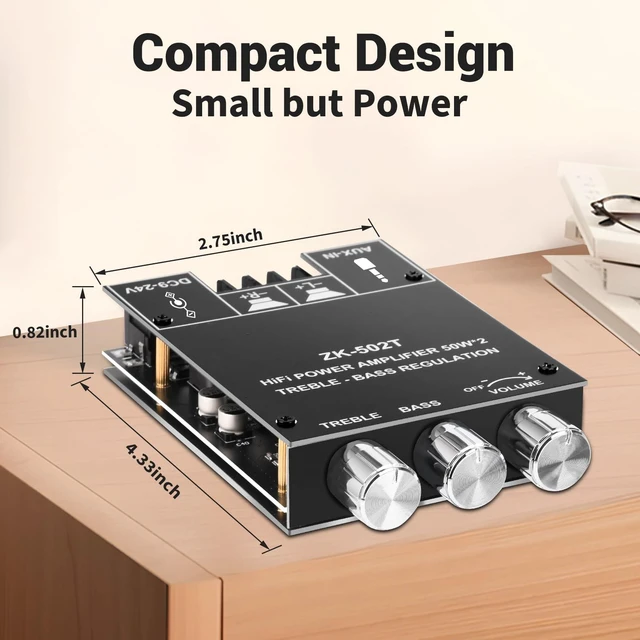 Alt view image 5 of 7 - ZK-502T Bluetooth Amplifier Board,50W+50W 2.0 Channel Amp Board with Treble and Bass Control,DC 12-24V, Bluetooth and AUX Inputs, Audio Amp Board for Home DIY Wireless Speakers, Password Free