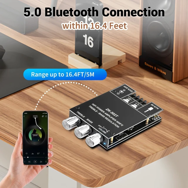 Alt view image 4 of 7 - ZK-502T Bluetooth Amplifier Board,50W+50W 2.0 Channel Amp Board with Treble and Bass Control,DC 12-24V, Bluetooth and AUX Inputs, Audio Amp Board for Home DIY Wireless Speakers, Password Free