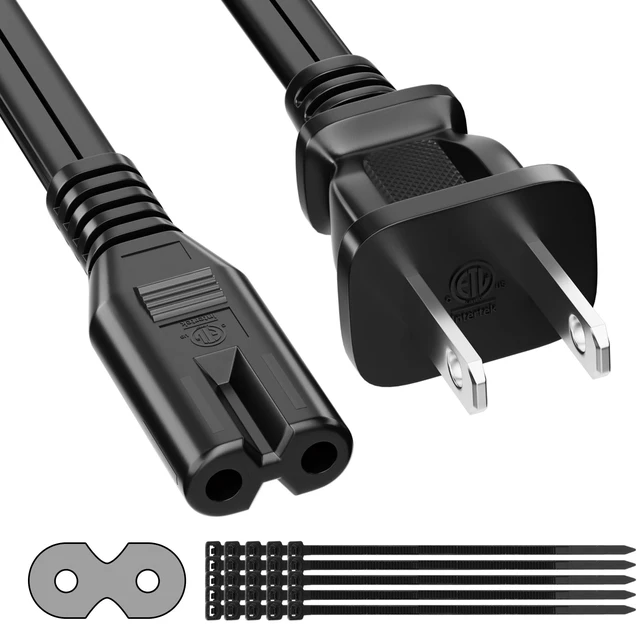 Main image of 2 Prong Power Cord 25 FT, Non-Polarized AC Power Replacement Supply Cable, 7A, 125V, ETL Compatible with PS5/PS4 Samsung LG TCL Sony Roku TV, Xbox, Laptop, Printer, C7 to 1-15P, Black, with 25 Ties