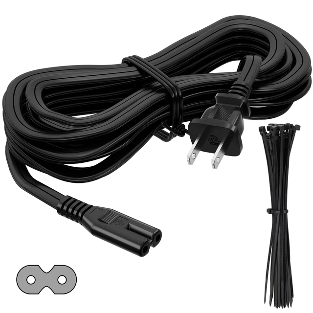 Alt view image 5 of 5 - 2 Prong Power Cord 25 FT, Non-Polarized AC Power Replacement Supply Cable, 7A, 125V, ETL Compatible with PS5/PS4 Samsung LG TCL Sony Roku TV, Xbox, Laptop, Printer, C7 to 1-15P, Black, with 25 Ties