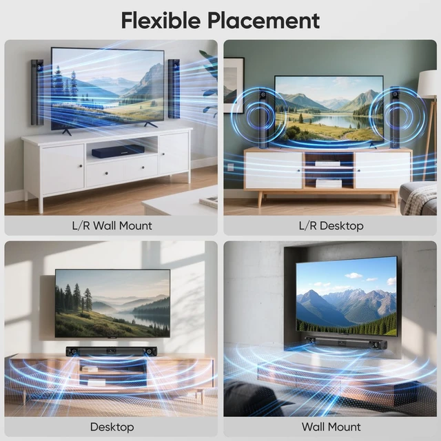 Alt view image 6 of 7 - 31 Inch Sound Bar, 2in1 Detachable Surround Sound System for TV 80W 2.0 Channel Soundbar, Deep Bass & Crystal Dialogue, Bluetooth 5.3/ARC/AUX/Optical, WallMountable TV Speaker