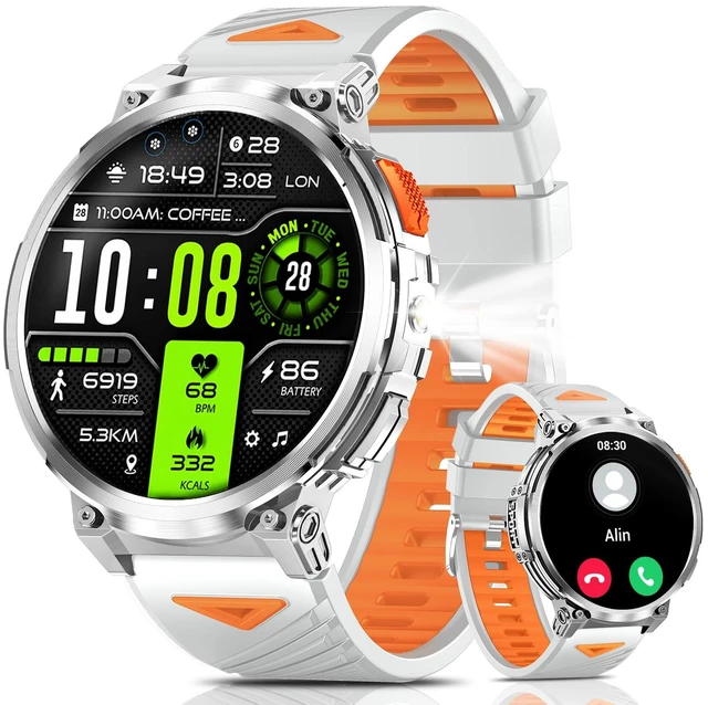 Main image of Military Smart Watch for Men, 1.85" Big Screen, Flashlight, 930mAh Battery Bluetooth Calling, IP68 Waterproof, 114 Sports Modes, Fitness Tracker, Compatible with Android & iPhone