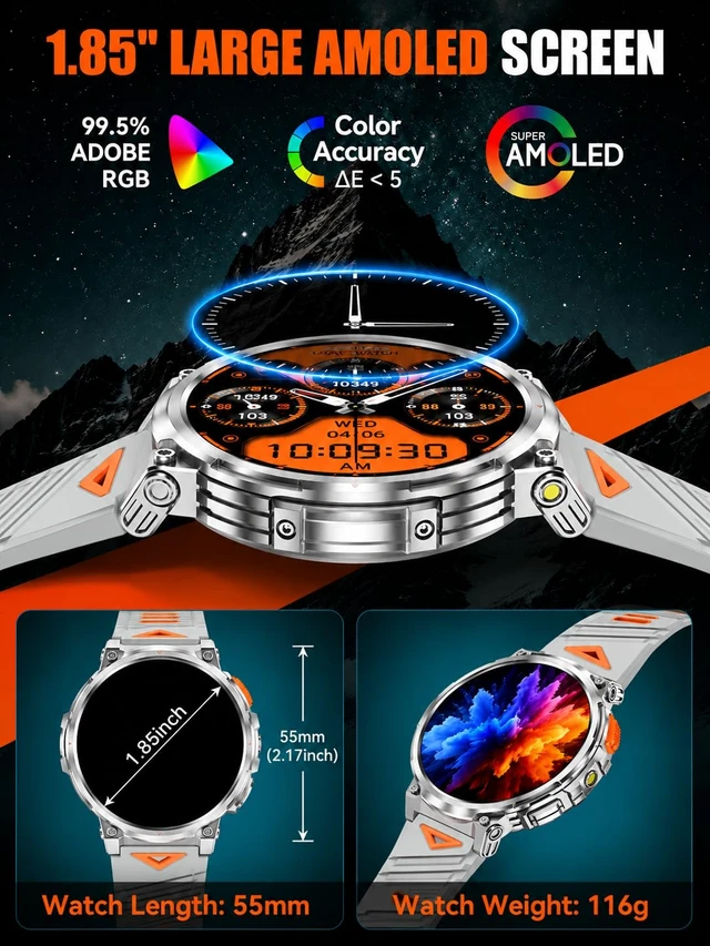 Alt view image 2 of 7 - Military Smart Watch for Men, 1.85" Big Screen, Flashlight, 930mAh Battery Bluetooth Calling, IP68 Waterproof, 114 Sports Modes, Fitness Tracker, Compatible with Android & iPhone