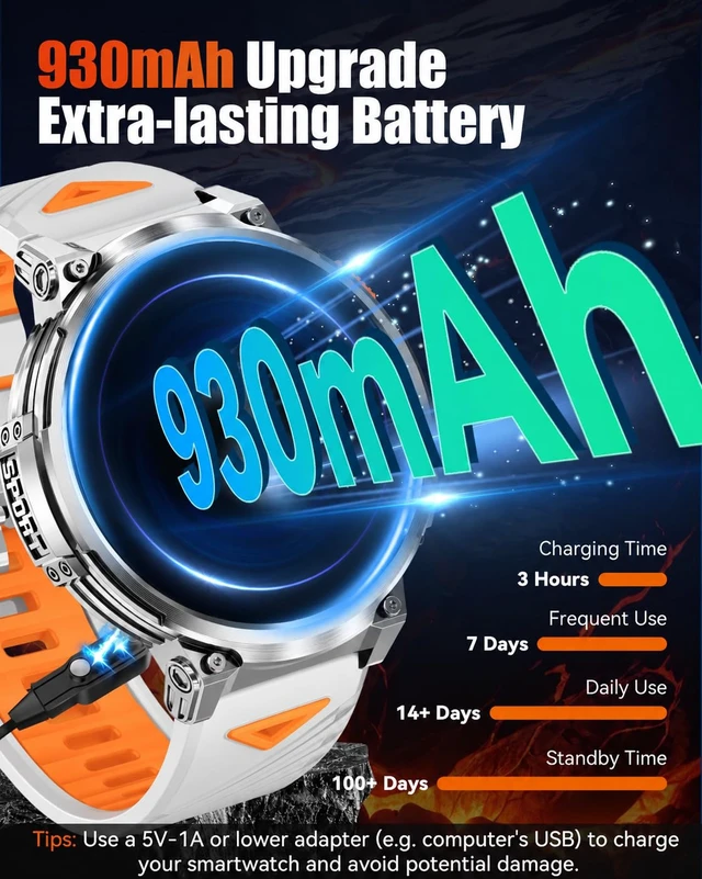 Alt view image 4 of 7 - Military Smart Watch for Men, 1.85" Big Screen, Flashlight, 930mAh Battery Bluetooth Calling, IP68 Waterproof, 114 Sports Modes, Fitness Tracker, Compatible with Android & iPhone