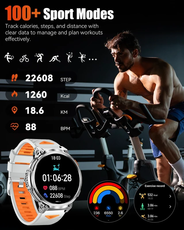 Alt view image 5 of 7 - Military Smart Watch for Men, 1.85" Big Screen, Flashlight, 930mAh Battery Bluetooth Calling, IP68 Waterproof, 114 Sports Modes, Fitness Tracker, Compatible with Android & iPhone