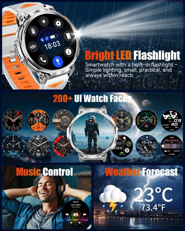 Alt view image 7 of 7 - Military Smart Watch for Men, 1.85" Big Screen, Flashlight, 930mAh Battery Bluetooth Calling, IP68 Waterproof, 114 Sports Modes, Fitness Tracker, Compatible with Android & iPhone