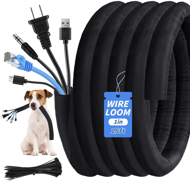 Main image of 15ft - 1in Split Braided Sleeve Cable Management, Self-Wrapping Flexible loom tubing protects wires from abrasion and heat. Great for automotive, TV, computer, and home electrical use