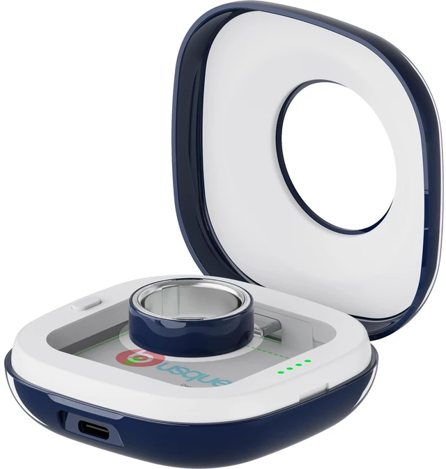 Main image of Portable Charging Case for Oura Ring Gen 4/5 Dock, 10 Charges, Blue Pocket-Sized Travel Holder Case (Sizes 615), 1-Hour USB-C Recharge, Clear LED Window, Magnetic Snap-Lock Dock Excluded