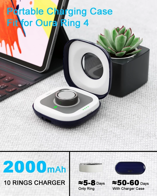 Alt view image 2 of 7 - Portable Charging Case for Oura Ring Gen 4/5 Dock, 10 Charges, Blue Pocket-Sized Travel Holder Case (Sizes 615), 1-Hour USB-C Recharge, Clear LED Window, Magnetic Snap-Lock Dock Excluded
