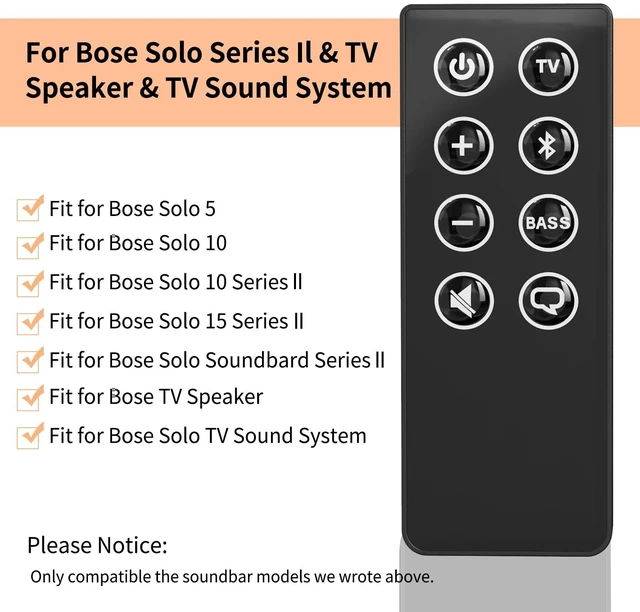 Alt view image 4 of 7 - 2PCS Replacement Remote Control for Bose Solo 5 10 15 Sound Bar, Compatible with Bose Solo 5 10 15 Series II TV Sound System 410376 418775 431974 845194 740928-1120 838309-1100 with CR2025 Battery