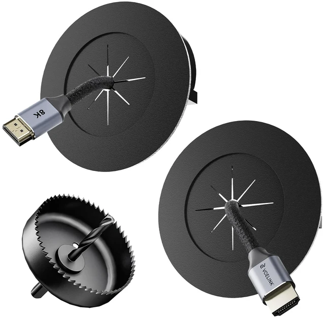 Main image of 3 Cutout Cord Hider, Fits up to 8 HDMI Cables, Black, 2-Pack Hole Saw Attachment Included Locking Brackets for Drywall Flexible TPE Insert Paintable to Match Your Wall