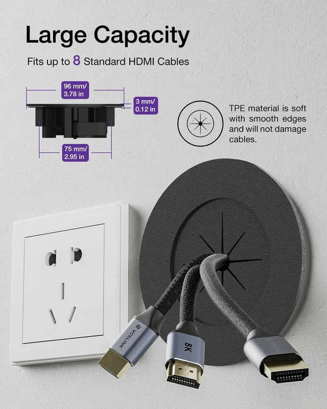 Alt view image 6 of 7 - 3 Cutout Cord Hider, Fits up to 8 HDMI Cables, Black, 2-Pack Hole Saw Attachment Included Locking Brackets for Drywall Flexible TPE Insert Paintable to Match Your Wall