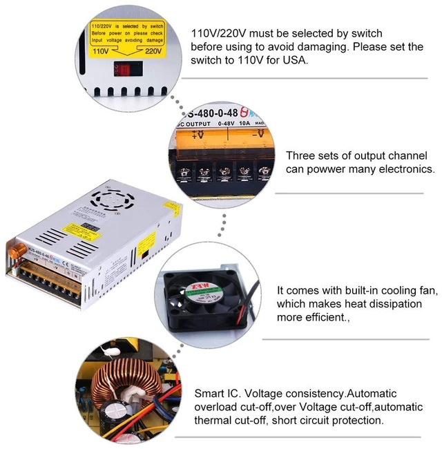 Alt view image 2 of 7 - 12V Power Supply 480W 10A, AC to DC Converter with Digital Display 480W AC 110V-220V to DC 0-48V Power Supply, Equipped with Digital Display and Builtin Cooling Fan for Electronic Equipment