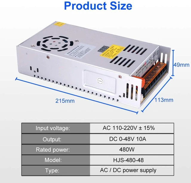 Alt view image 3 of 7 - 12V Power Supply 480W 10A, AC to DC Converter with Digital Display 480W AC 110V-220V to DC 0-48V Power Supply, Equipped with Digital Display and Builtin Cooling Fan for Electronic Equipment