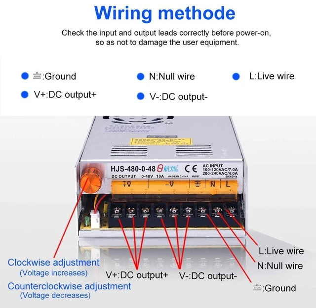 Alt view image 4 of 7 - 12V Power Supply 480W 10A, AC to DC Converter with Digital Display 480W AC 110V-220V to DC 0-48V Power Supply, Equipped with Digital Display and Builtin Cooling Fan for Electronic Equipment