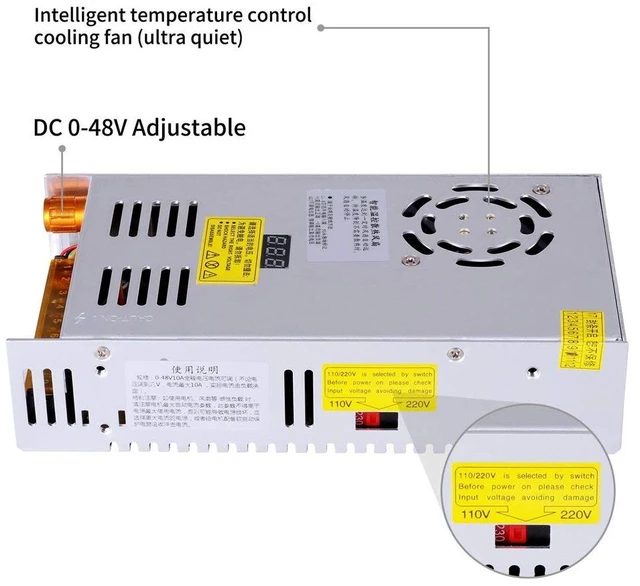 Alt view image 6 of 7 - 12V Power Supply 480W 10A, AC to DC Converter with Digital Display 480W AC 110V-220V to DC 0-48V Power Supply, Equipped with Digital Display and Builtin Cooling Fan for Electronic Equipment
